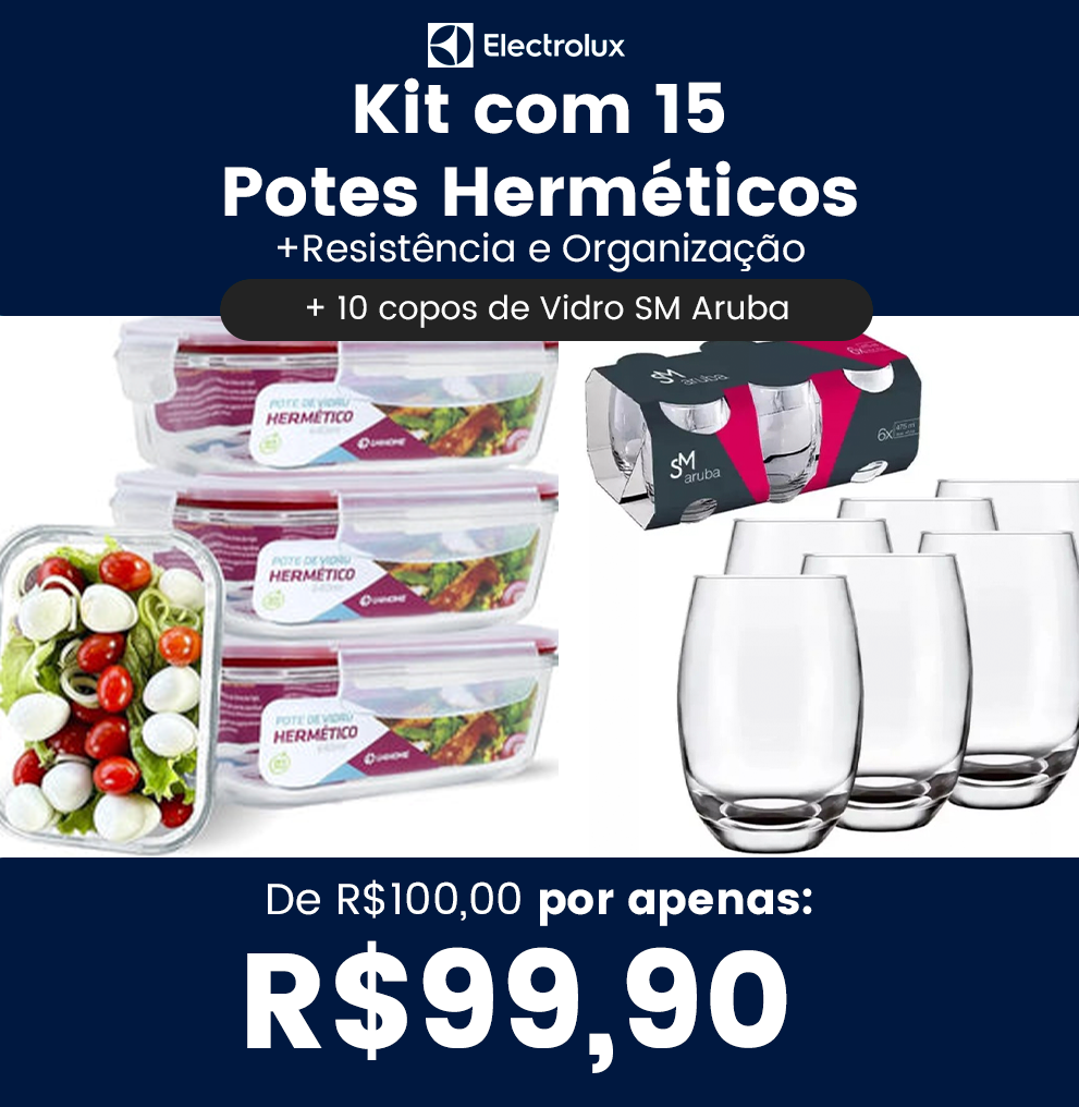 Kit com 15 Potes Herméticos de Vidro + 10 Copos de Vidro Aruba de Brinde